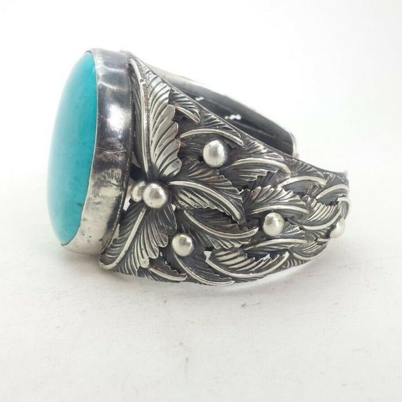 Huge Turquoise Sterling Silver Cuff Bracelet,VINTAGE SOUTHWESTERN Jewelry - Picture 3 of 4